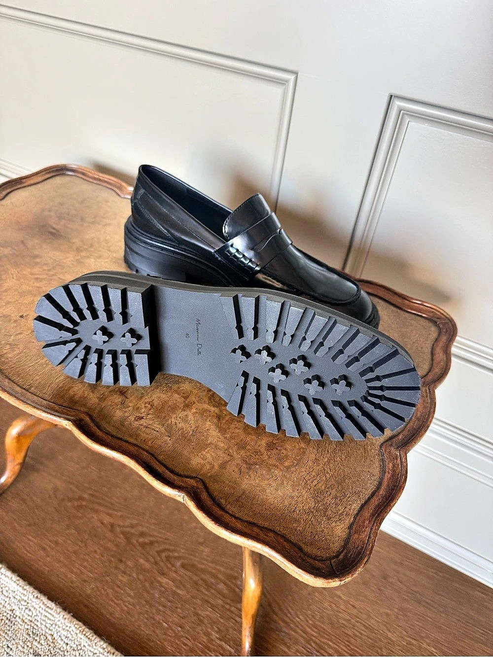 Massimo Dutti Track Sole Chunky Leather Penny Loafers, Black - Picture 3 of 5